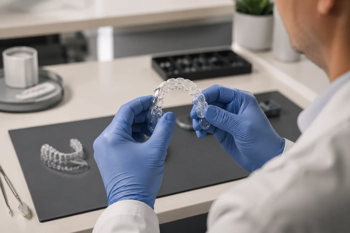 A gloved hand holding a finished clear aligner tray over a practice worktop.