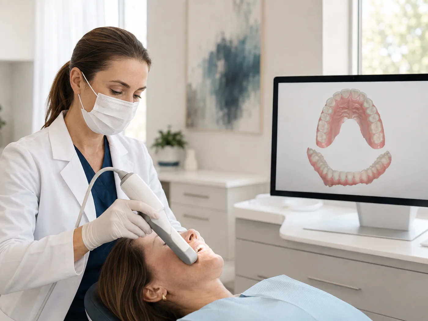 An intraoral scanner being used on a patient, the arch appearing live on the monitor behind.