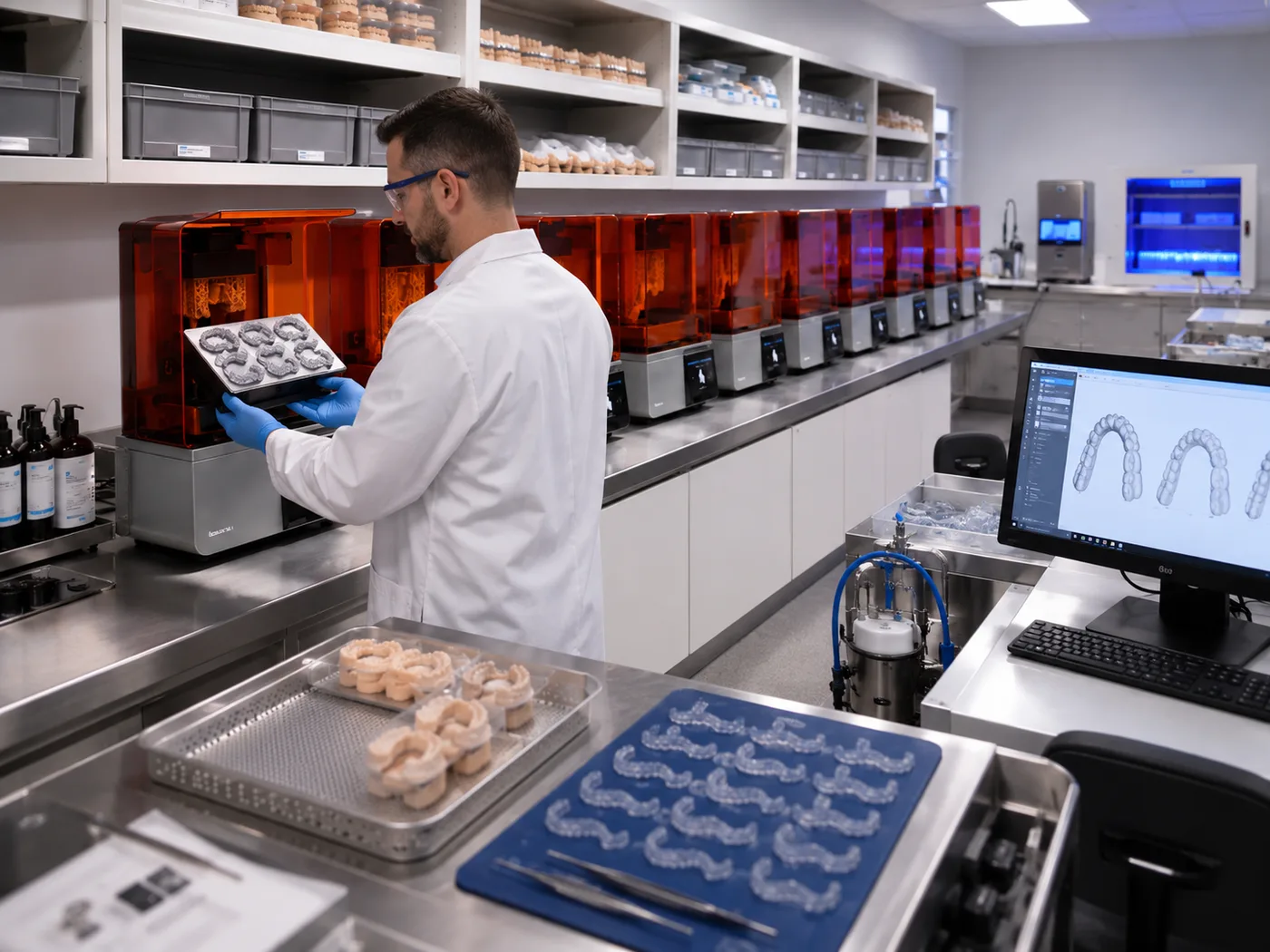 A technician drawing a tray of printed dental models from a resin printer.