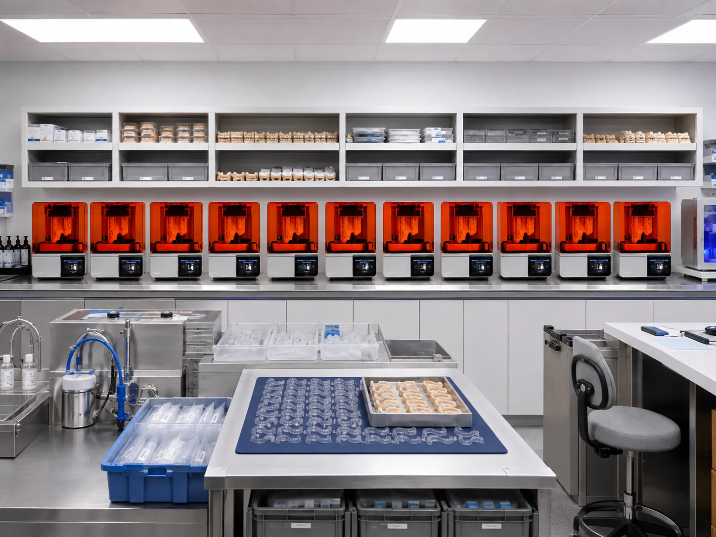 An aligner production floor: a bank of resin 3D printers and a sorting table of formed trays.