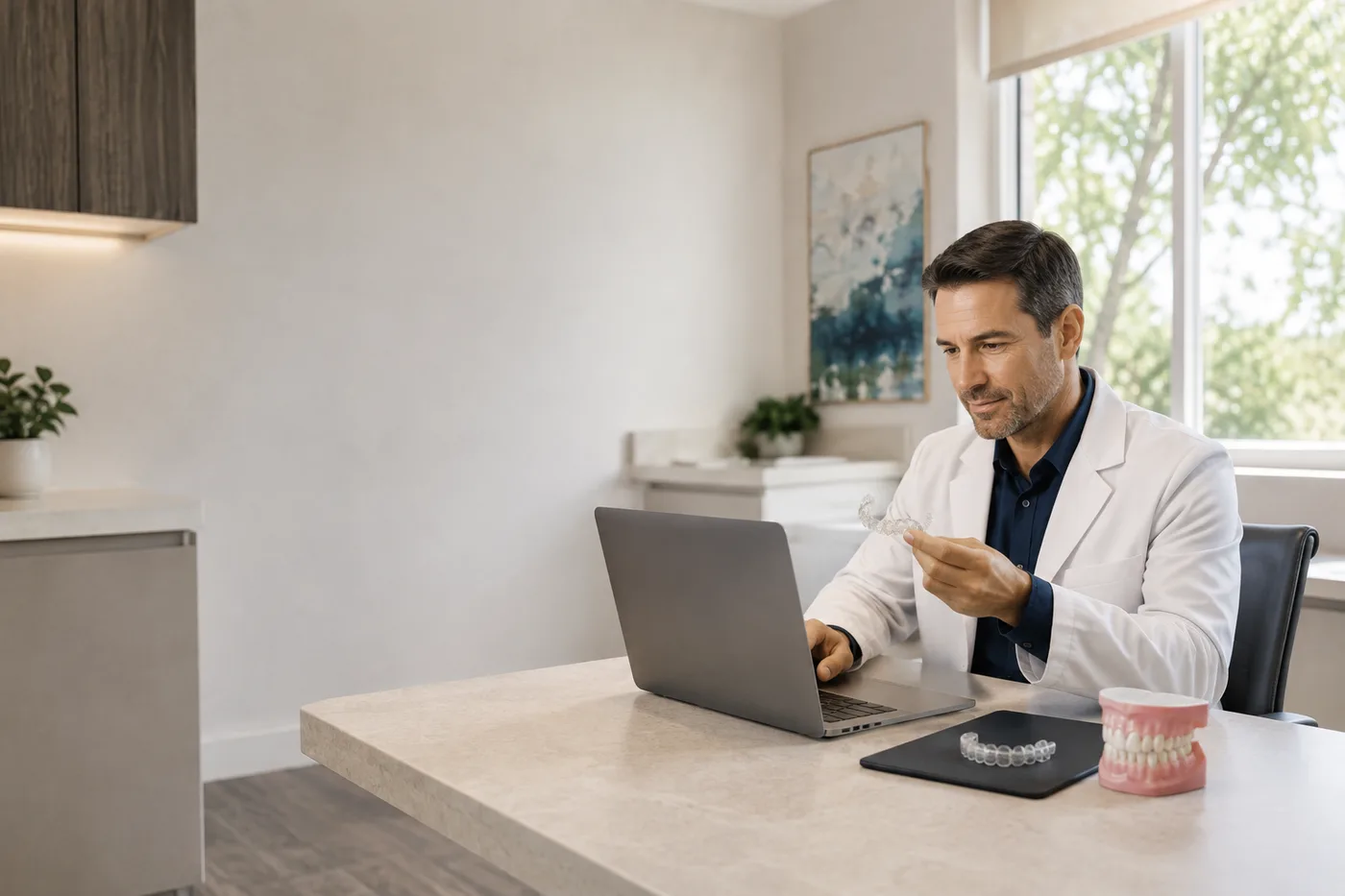 A dentist at a laptop, working through a case before signing it off.