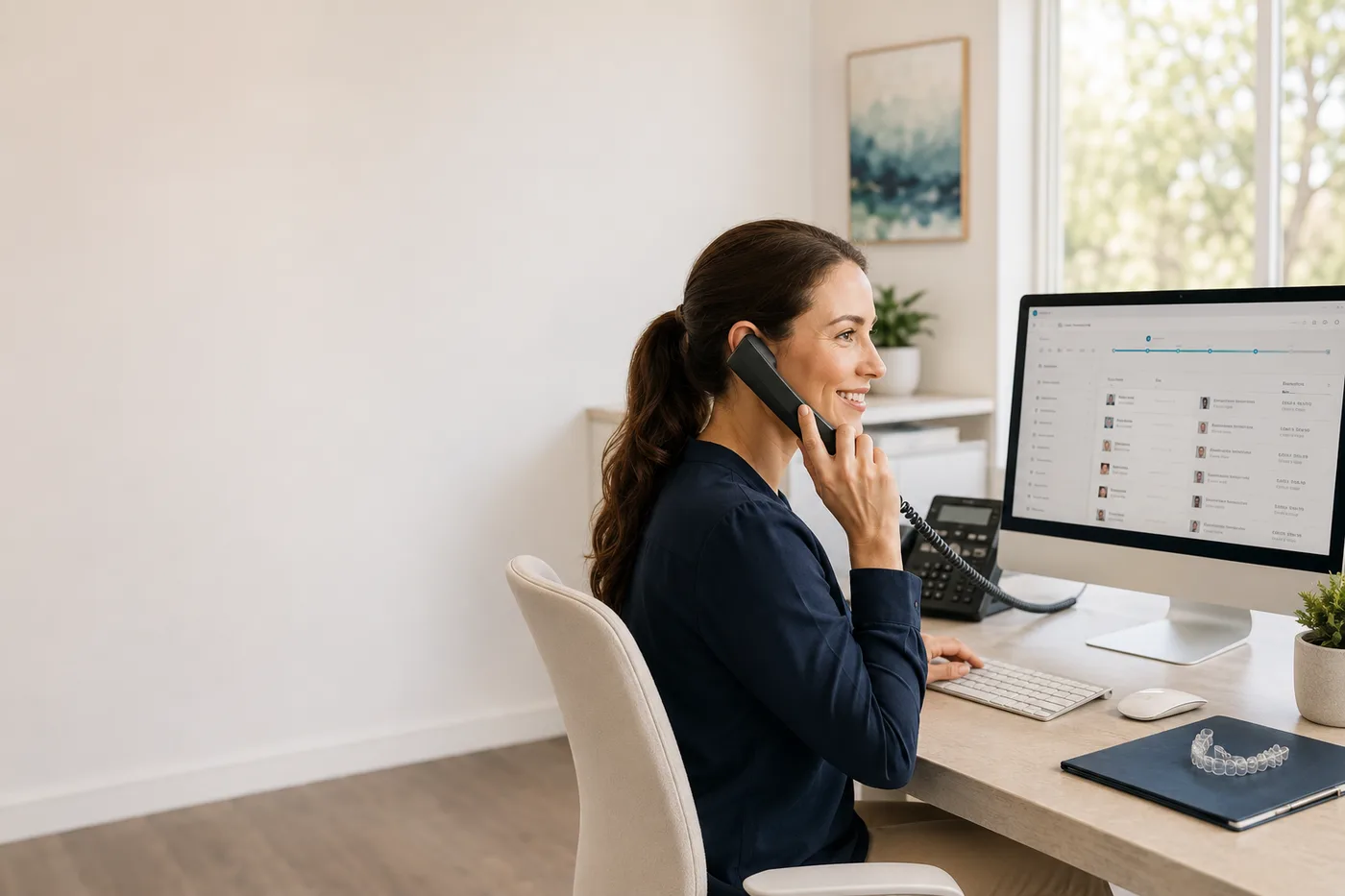 A practice front-office workstation with a case list open on screen.