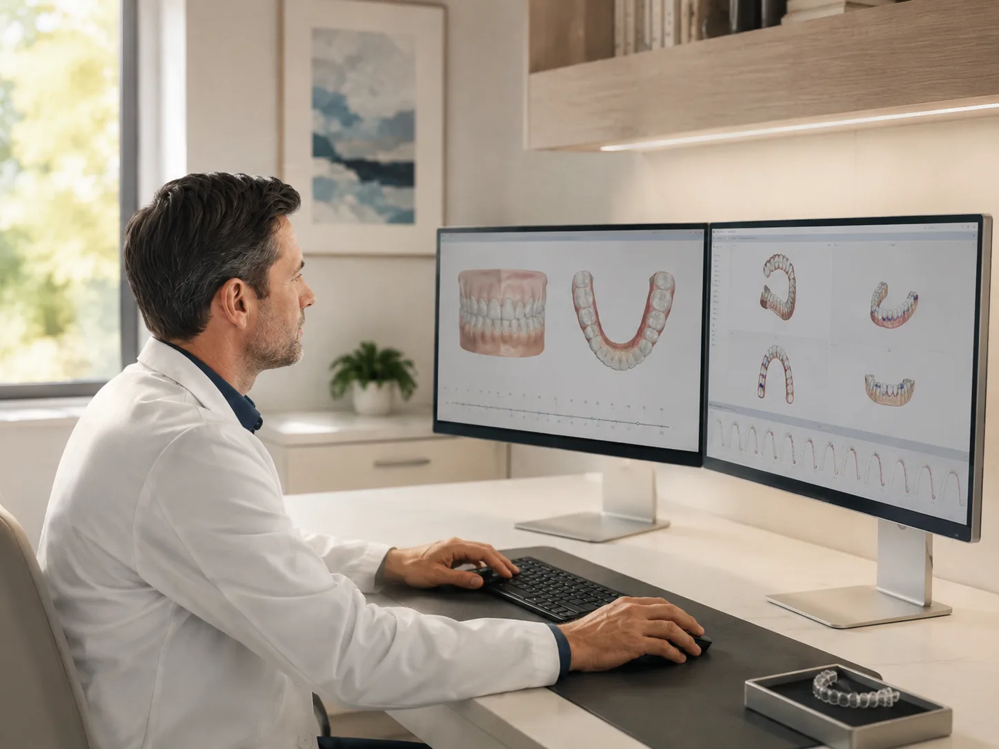 A dentist reviewing a staged setup across two monitors.