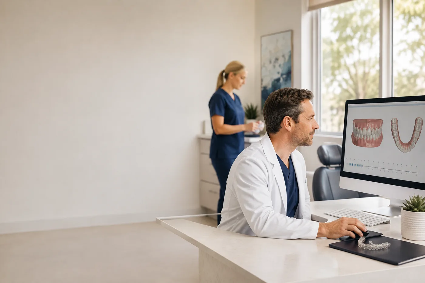 A dentist and an assistant working at a practice workstation with a treatment plan on screen.
