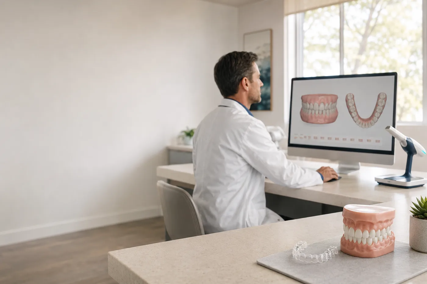 A treatment-planning workstation with a staged arch on screen and a printed model on the counter.