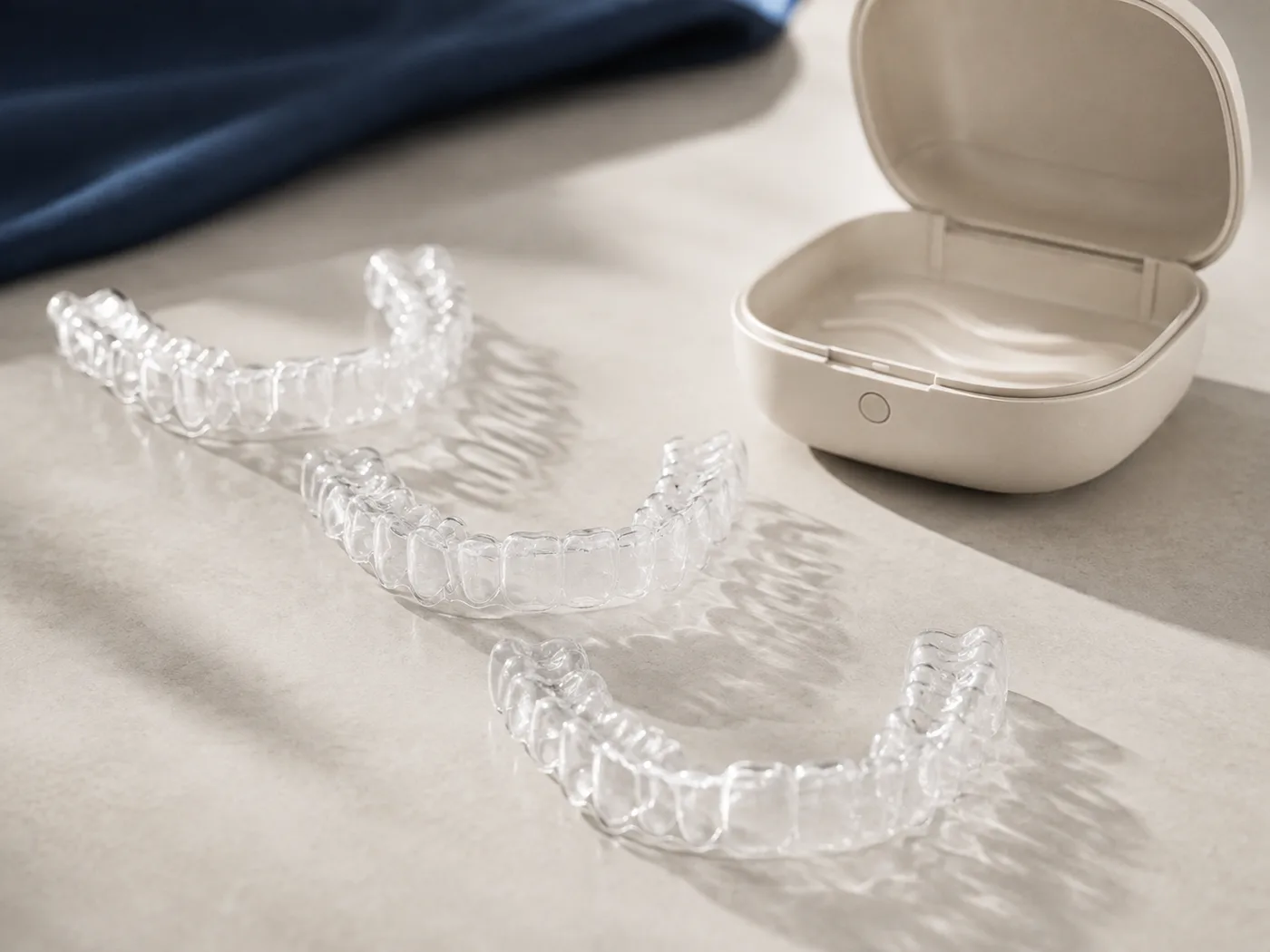 Three finished clear aligner trays in stage order beside a branded retainer case.