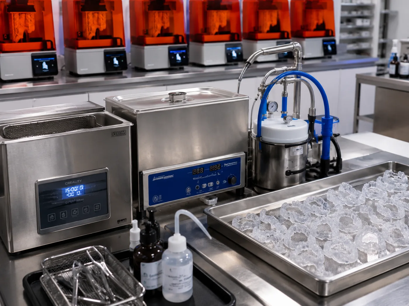 Ultrasonic cleaning and wash stations with a tray of formed aligners.