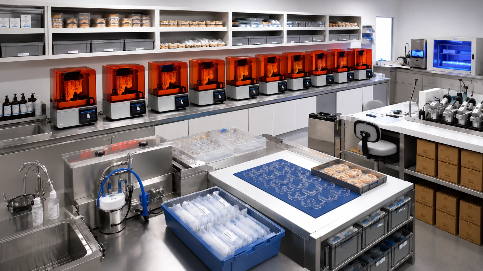 An aligner production floor: a bank of resin 3D printers and a sorting table of formed trays.