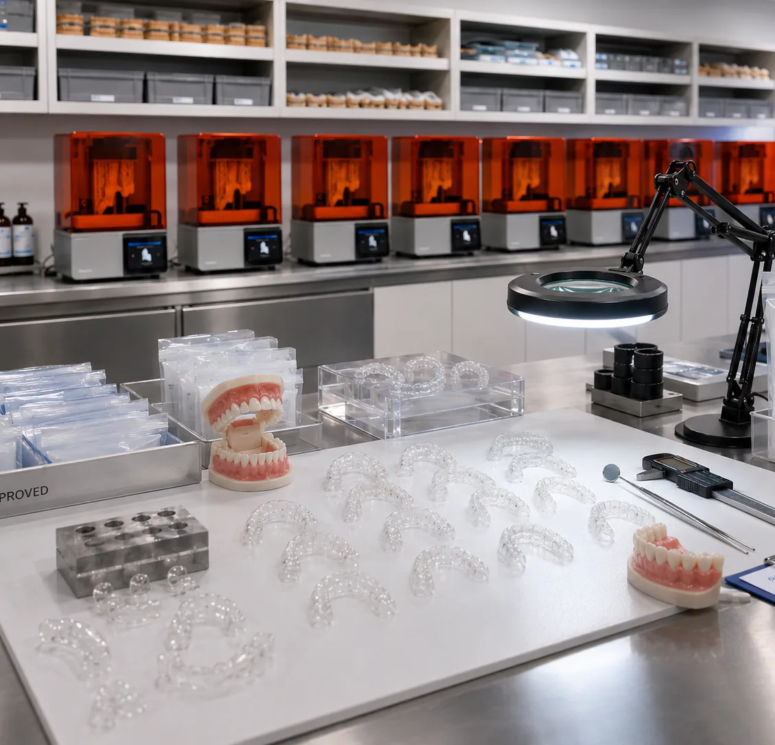 A quality-control bench with a magnifier lamp, calipers, laid-out trays and a written checklist.