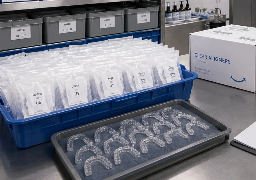 Aligner trays bagged individually and labelled by arch and stage number.