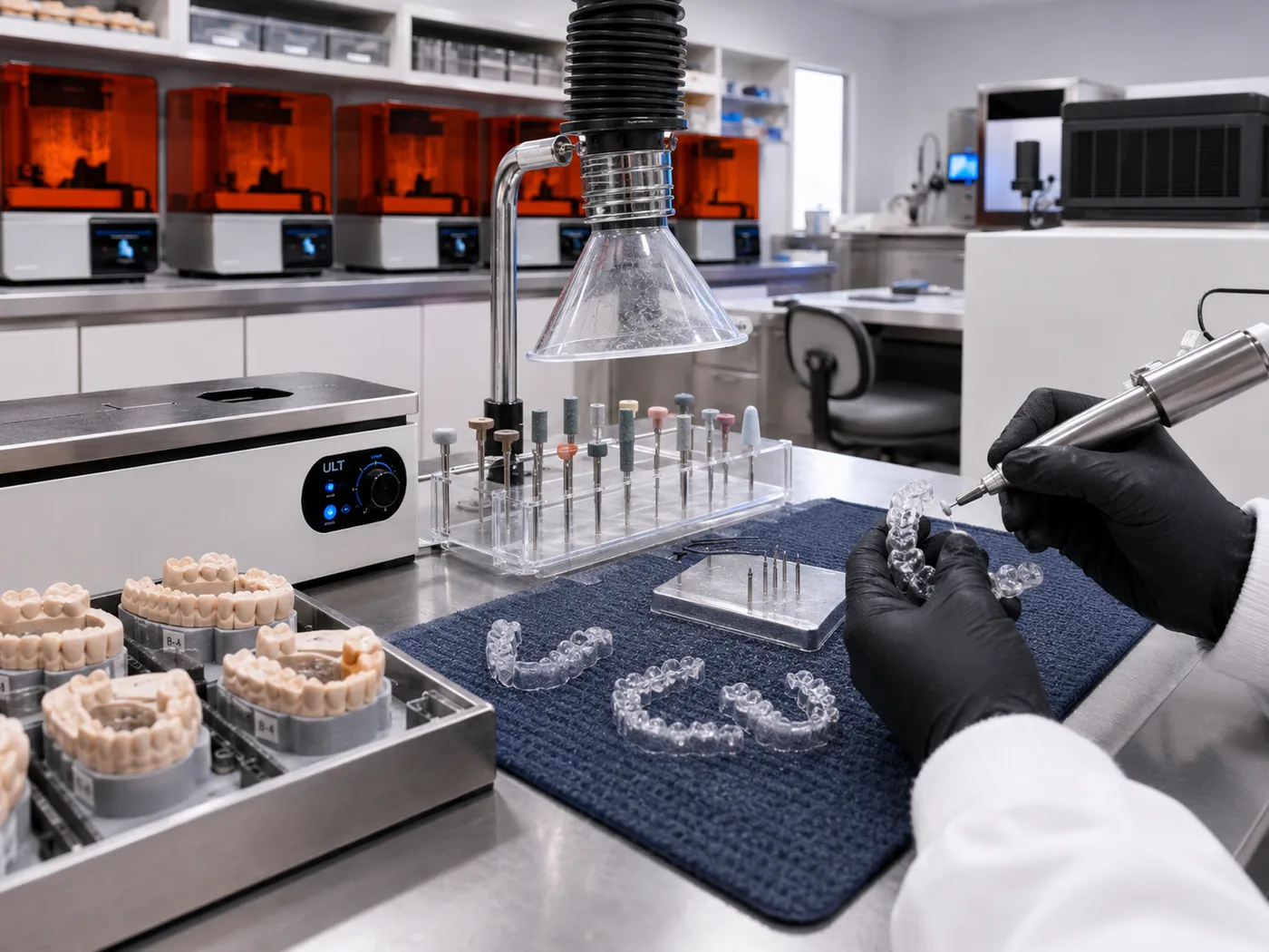 A technician trimming the margin of a clear aligner with a rotary handpiece.