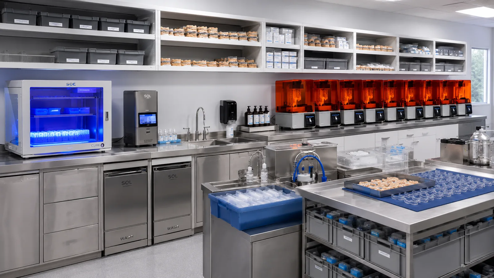 Wash and cure stations along a laboratory bench, printed models in the baskets.
