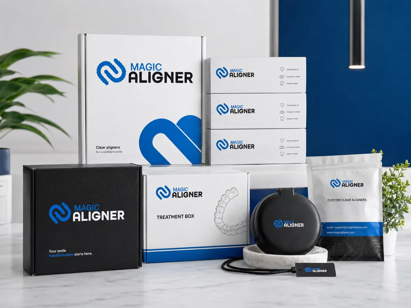 Aligner Magic treatment box, aligner case and pouch.