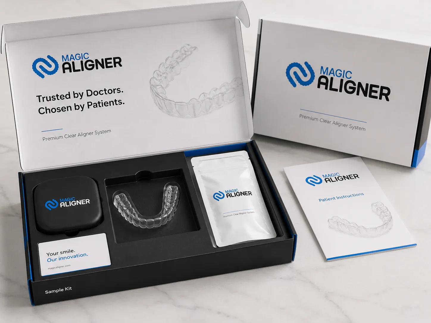 An open Aligner Magic sample kit: aligner case, sealed pouch and patient instructions.