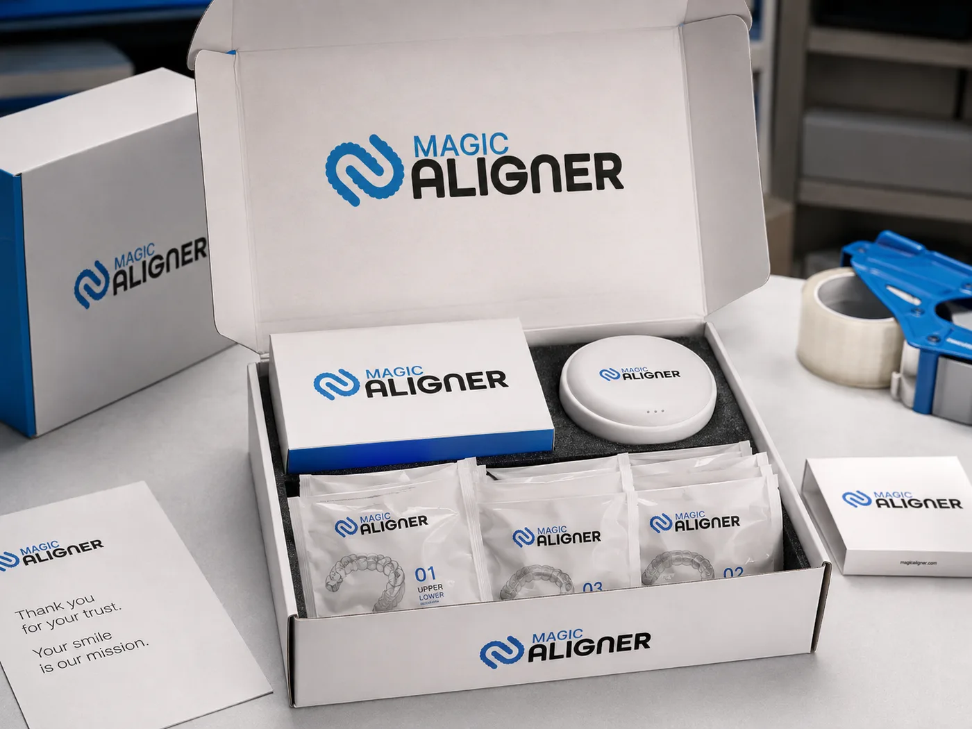 An opened Aligner Magic shipping box with its contents and a case card.