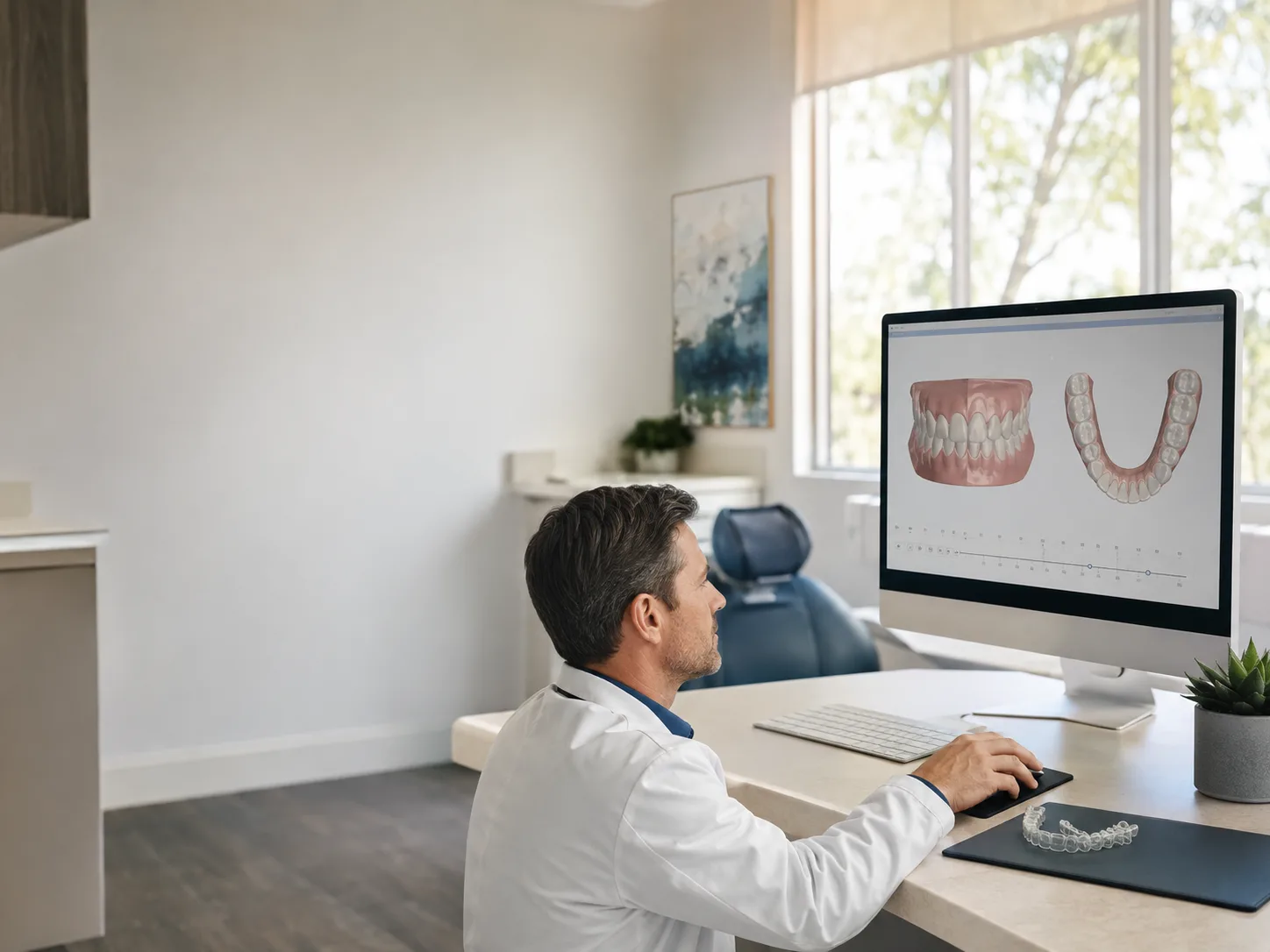 A dentist at a practice workstation reviewing a staged digital treatment plan on screen.